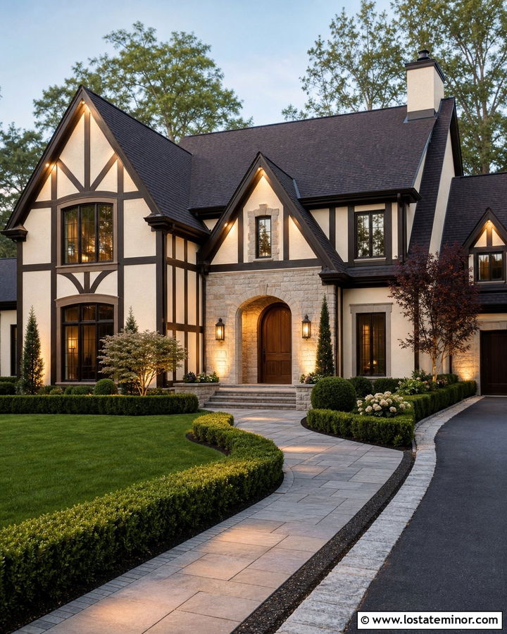 Warm White Tudor With Timber Accent Lighting - 30 Warm White House Design With Lighting Ideas