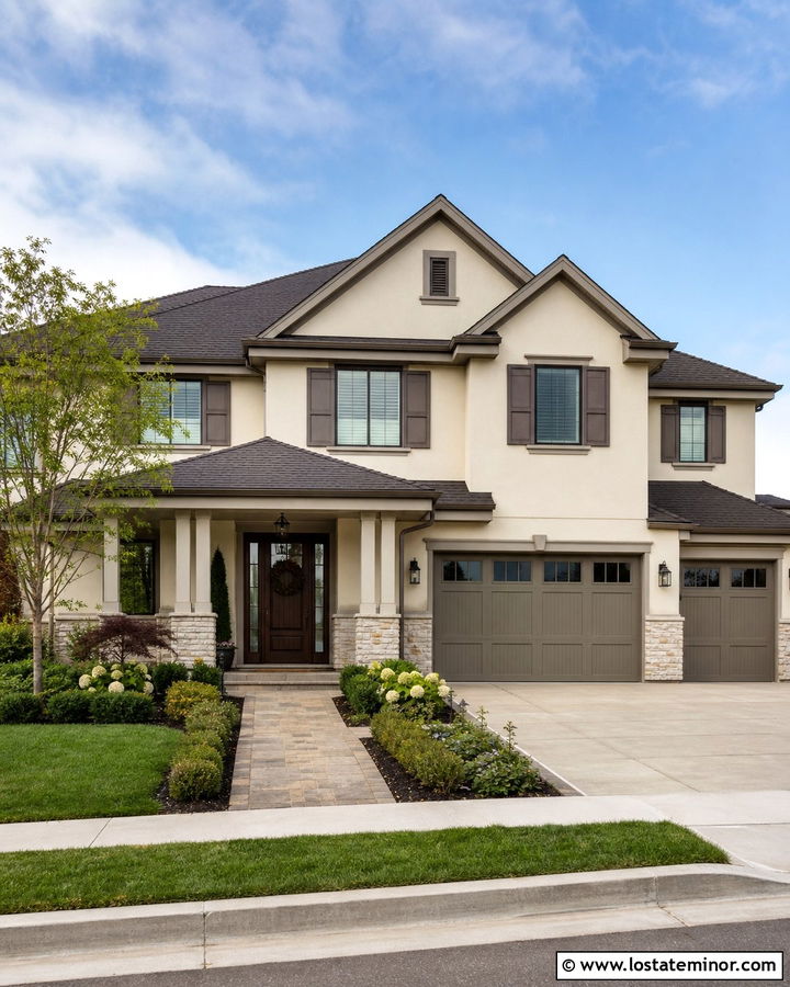Warm White Two Story House With Mushroom Shutters - 30 Warm White House Design With Shutters Ideas