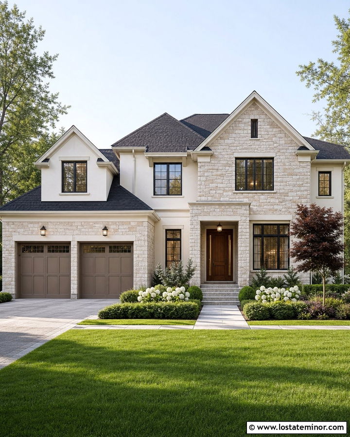 Warm White Two Story House With Stone Gables - 30 Warm White House Design With Stone Accents Ideas