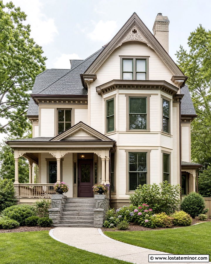 Warm White Victorian House With Cream Brick Chimney - 30 Warm White House Design With Chimney Ideas
