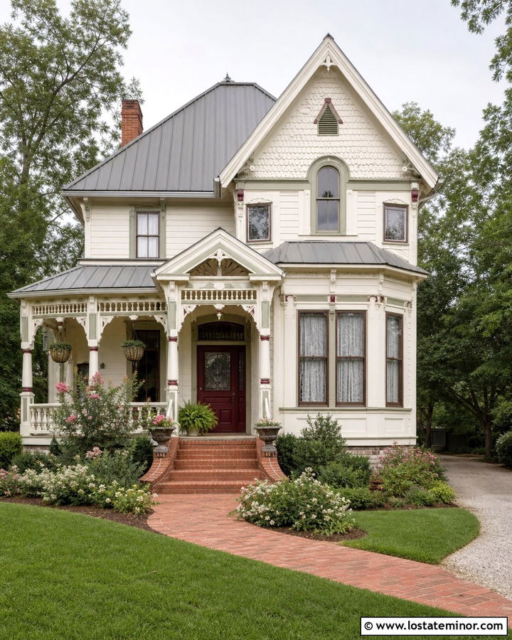 Warm White Victorian House With Decorative Portico - 30 Warm White House Design With Portico Ideas