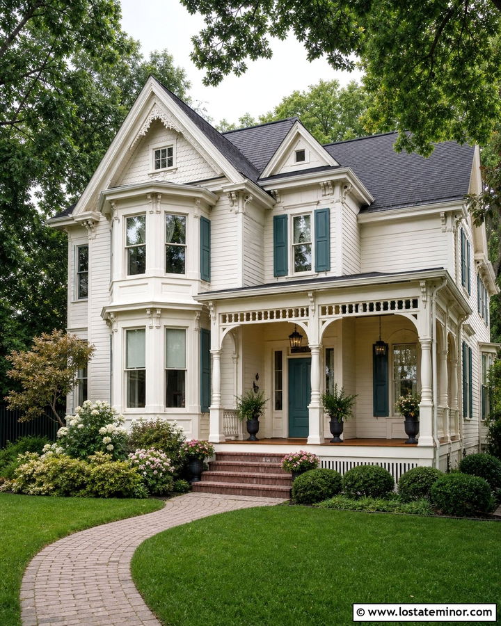 Warm White Victorian House With Muted Teal Shutters - 30 Warm White House Design With Shutters Ideas