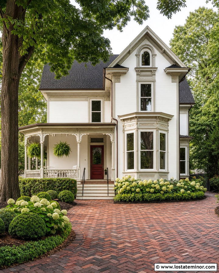 Warm White Victorian House With Reclaimed Brick Driveway - 30 Warm White House Design With Driveway Ideas