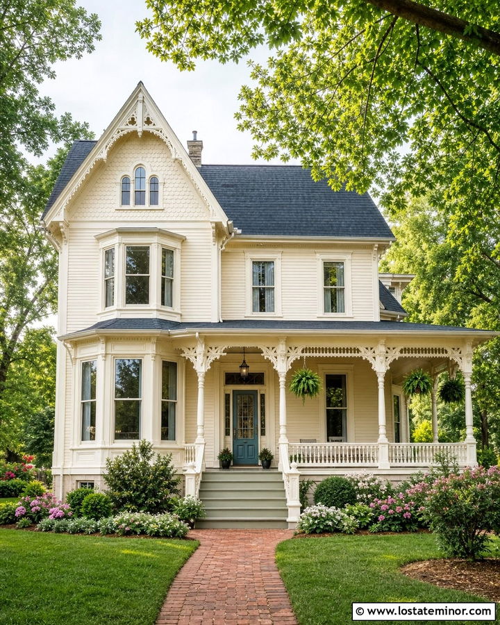 Warm White Victorian House With Turned Porch Columns - 30 Warm White House Design With Porch Columns Ideas