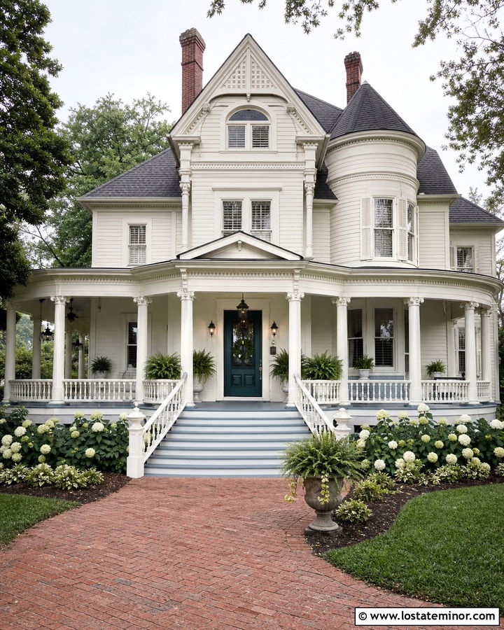 Warm White Victorian House With Wraparound Porch Steps - 30 Warm White House Design With Steps Ideas