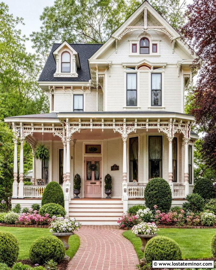 Warm White Victorian With Blush Porch Ceiling - 30 Warm White House Design With Porch Ceiling Ideas