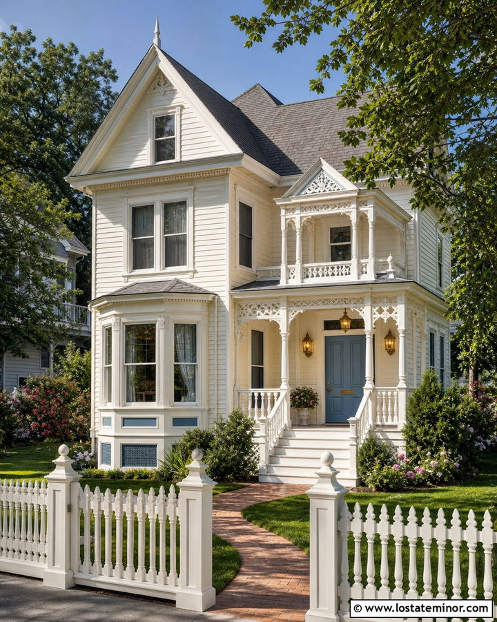 Warm White Victorian With Decorative White Fence - 30 Warm White House Design With Fence Ideas
