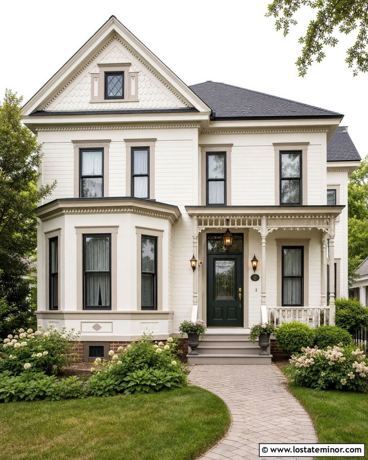 Warm White Victorian With Deep Green Storm Door - 30 Warm White House Design With Storm Door Ideas