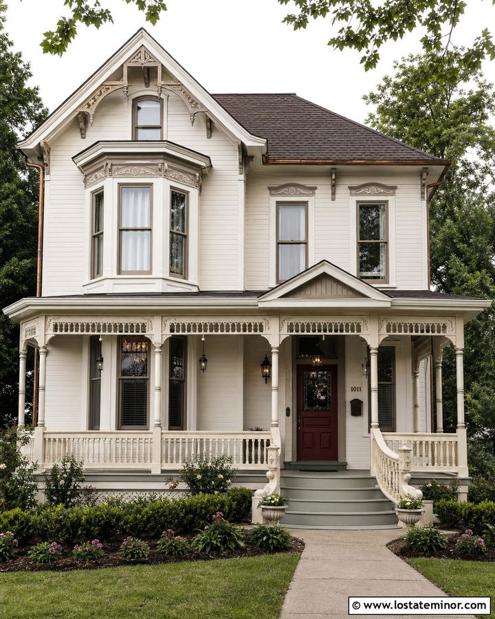 Warm White Victorian With Turned Wood Railings - 30 Warm White House Design With Railings Ideas