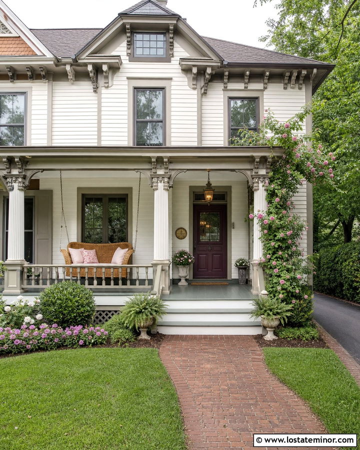 Warm White Victorian With Wicker Swing - 30 Warm White House Design With Swing Ideas