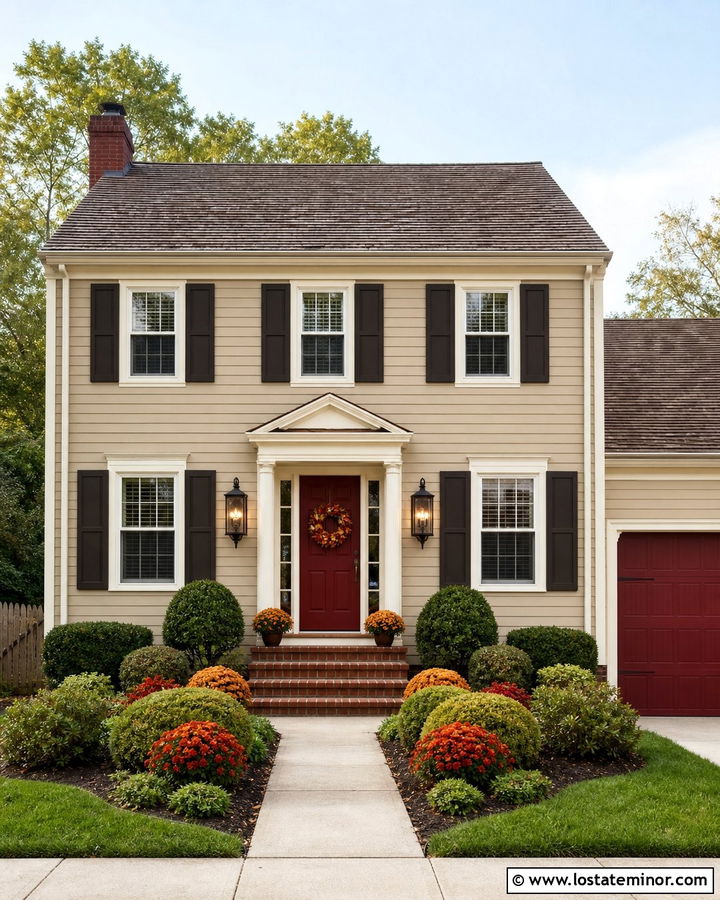 Wheat Bread House With Bronze Coach Lights - 30 Greige House Design With Light Fixtures Ideas