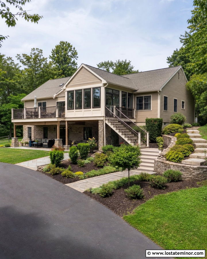 Wheat Tan Suburban House With Raised Sunroom - 30 Tan House Design With Sunroom Ideas
