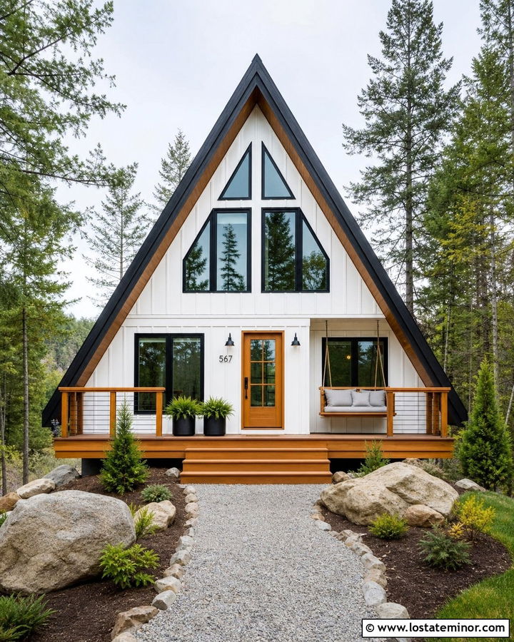White A Frame House With Hanging Bench Swing - 30 White House Design With Swing Ideas