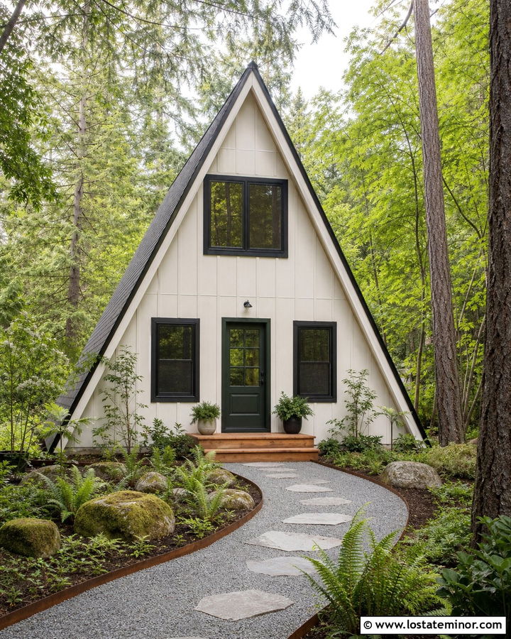 White A Frame With Woodland Gravel Walkway - 30 White House Design With Walkway Ideas