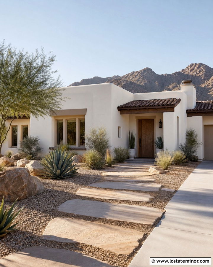 White Adobe House With Desert Stone Walkway - 30 White House Design With Walkway Ideas