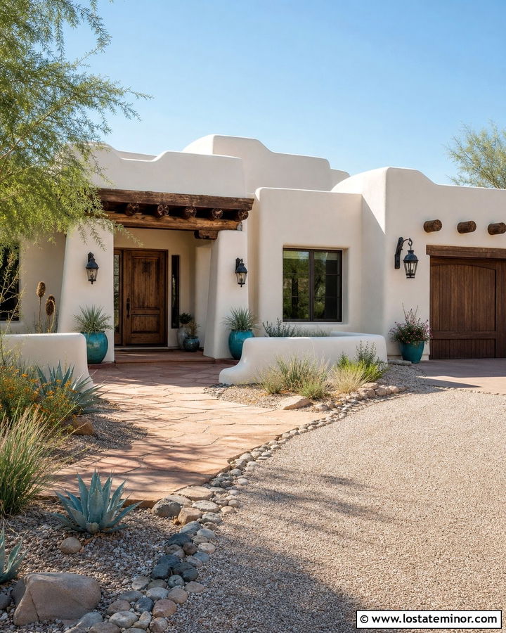 White Adobe House With Rustic Metal Lights - 30 White House Design With Light Fixtures Ideas