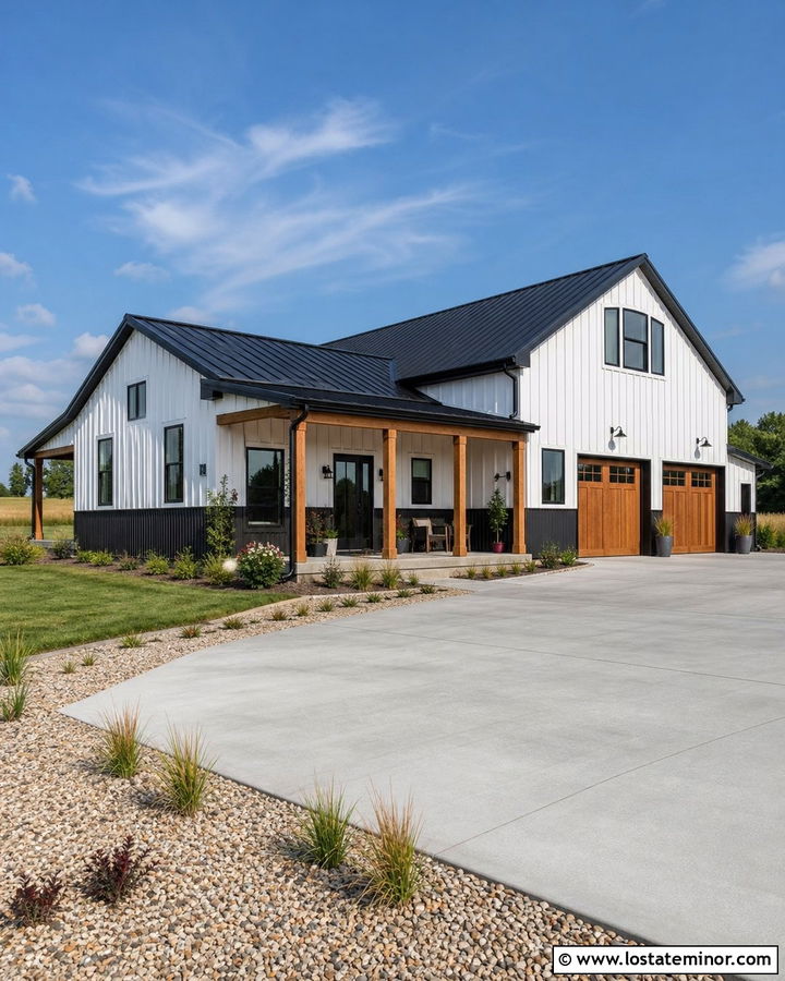 White Barndominium With Black Metal Wainscoting - 30 White House Design With Wainscoting Ideas