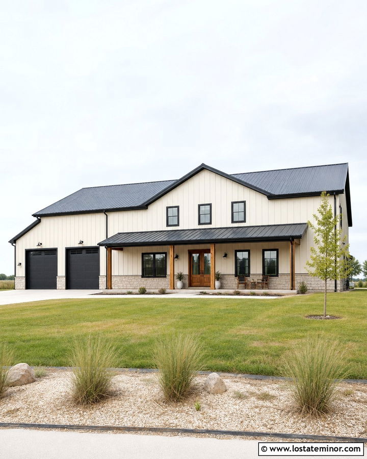 White Barndominium With Charcoal Trim - 30 White House Design With Trim Ideas