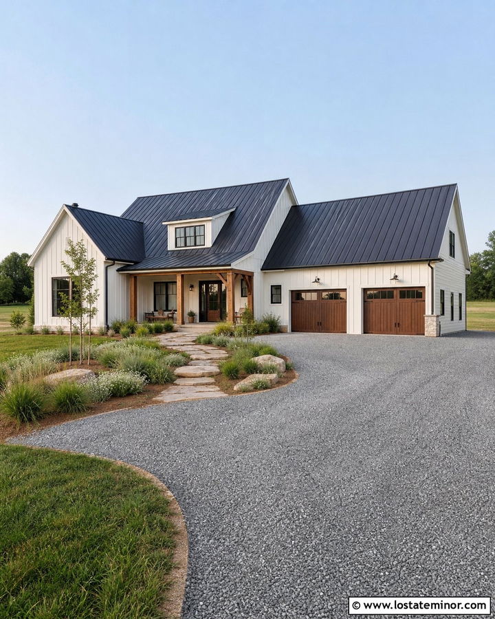 White Barndominium With Crushed Stone Driveway - 30 White House Design With Driveway Ideas