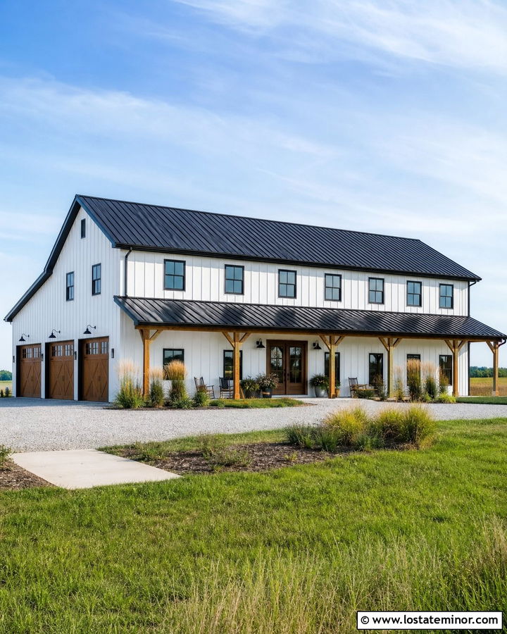 White Barndominium With Full Length Awning - 30 White House Design With Awning Ideas