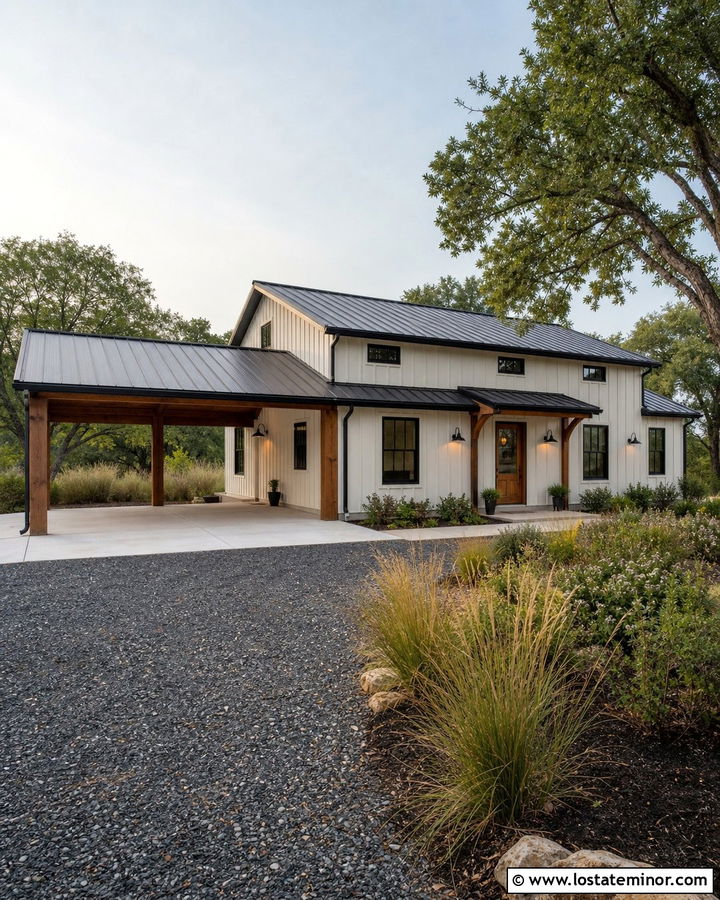 White Barndominium With Oversized Carport - 30 White House Design With Carport Ideas