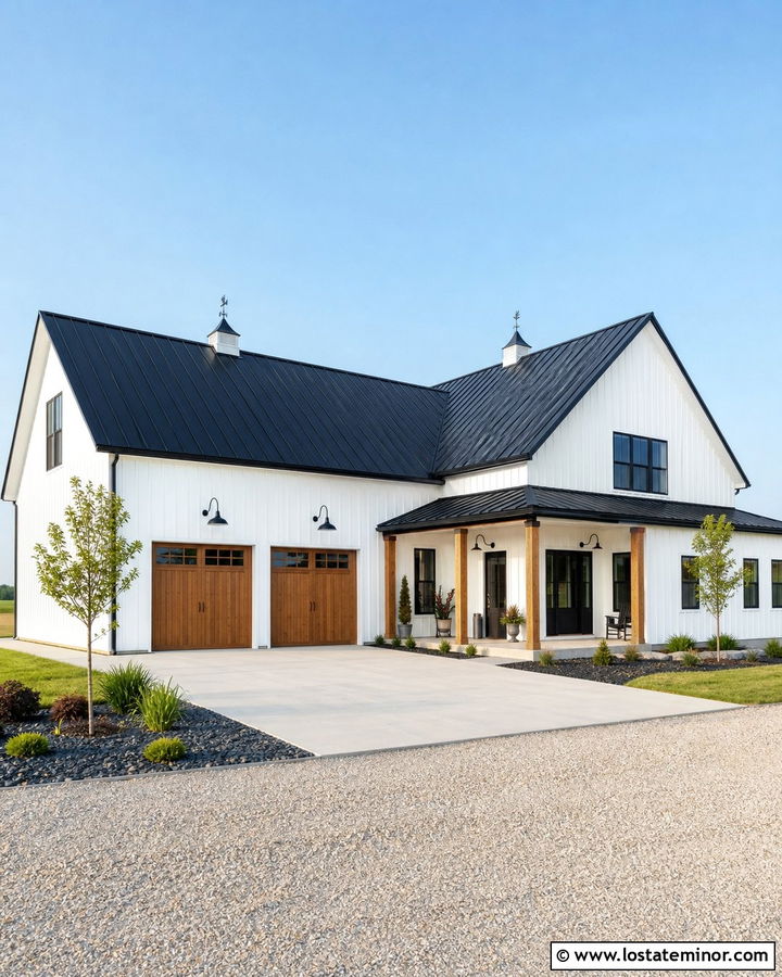 White Barndominium With Oversized Gooseneck Lights - 30 White House Design With Light Fixtures Ideas