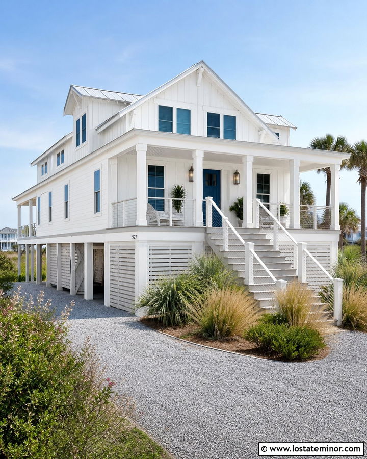 White Beach House With Elevated Deck - 30 White House Design With Deck Ideas