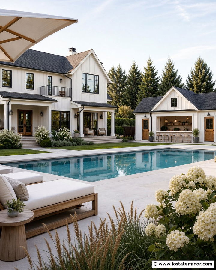 White Board And Batten House With Backyard Pool House - 30 White House Design With Backyard Ideas