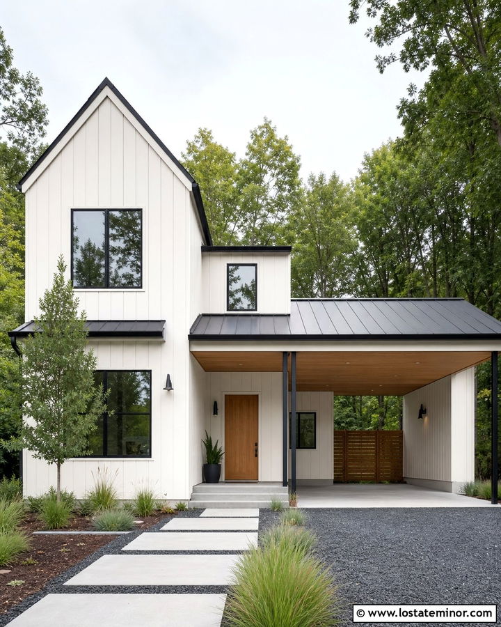 White Board And Batten House With Black Metal Carport - 30 White House Design With Carport Ideas