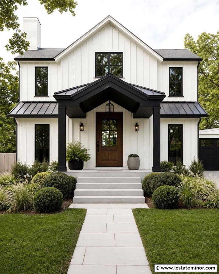 White Board And Batten House With Black Portico - 30 White House Design With Portico Ideas