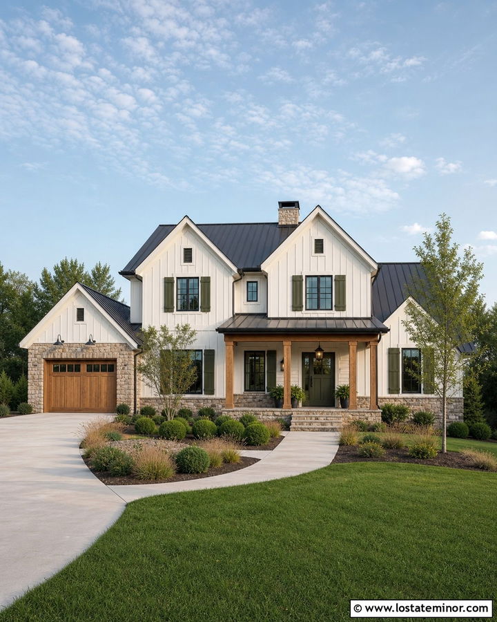 White Board And Batten House With Olive Shutters - 30 White House Design With Shutters Ideas