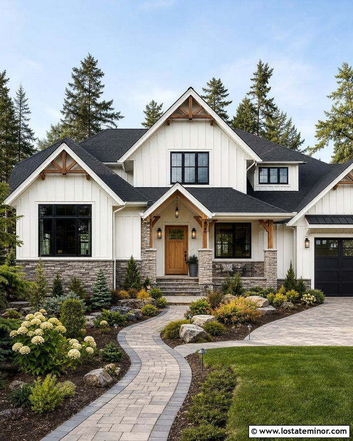 White Board And Batten House With Stone Wainscoting - 30 White House Design With Wainscoting Ideas