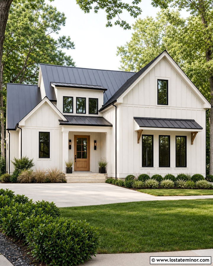 White Board And Batten Siding With Black Windows - 30 White House Design With Siding Ideas