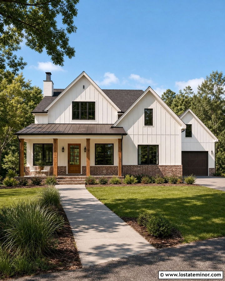 White Board And Batten With Brick Wainscot - 30 White House Design With Brick Accents Ideas