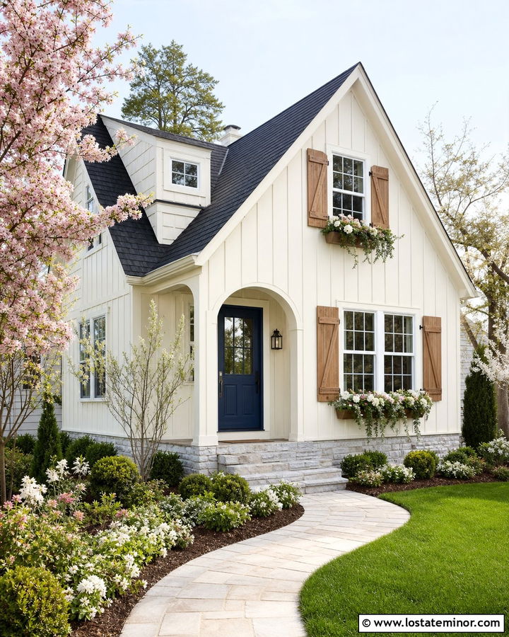 White Board and Batten Cottage With Blue Door - 30 White House Design With Board and Batten Ideas