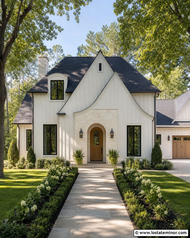 White Board and Batten House With Arched Entry - 30 White House Design With Board and Batten Ideas