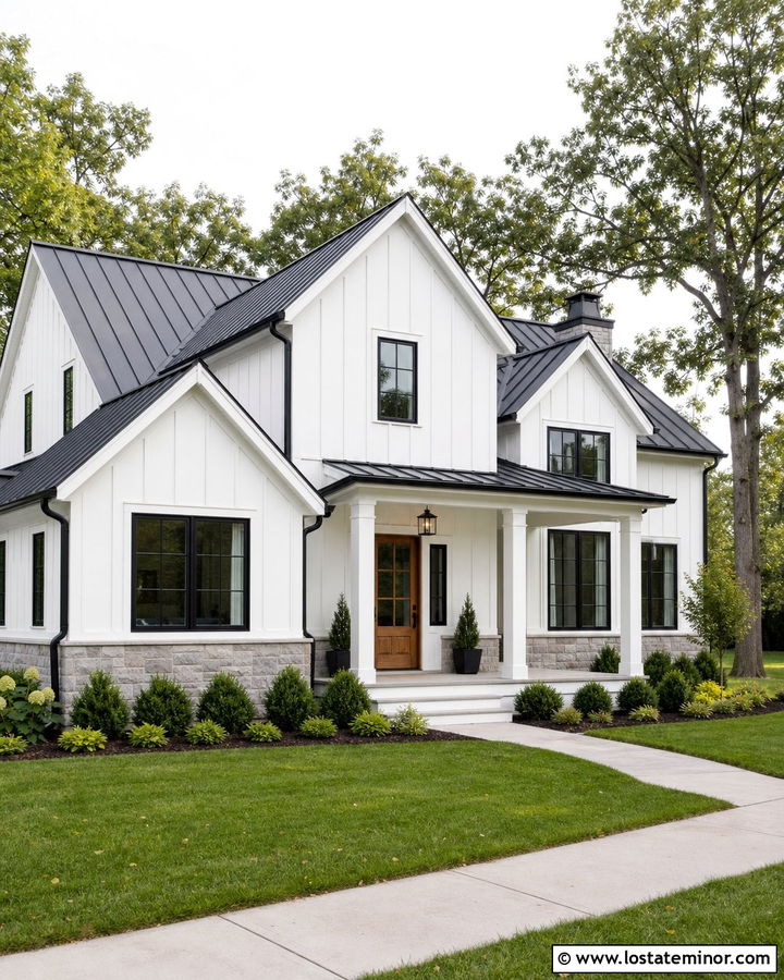 White Board and Batten House With Black Trim - 30 White House Design With Board and Batten Ideas