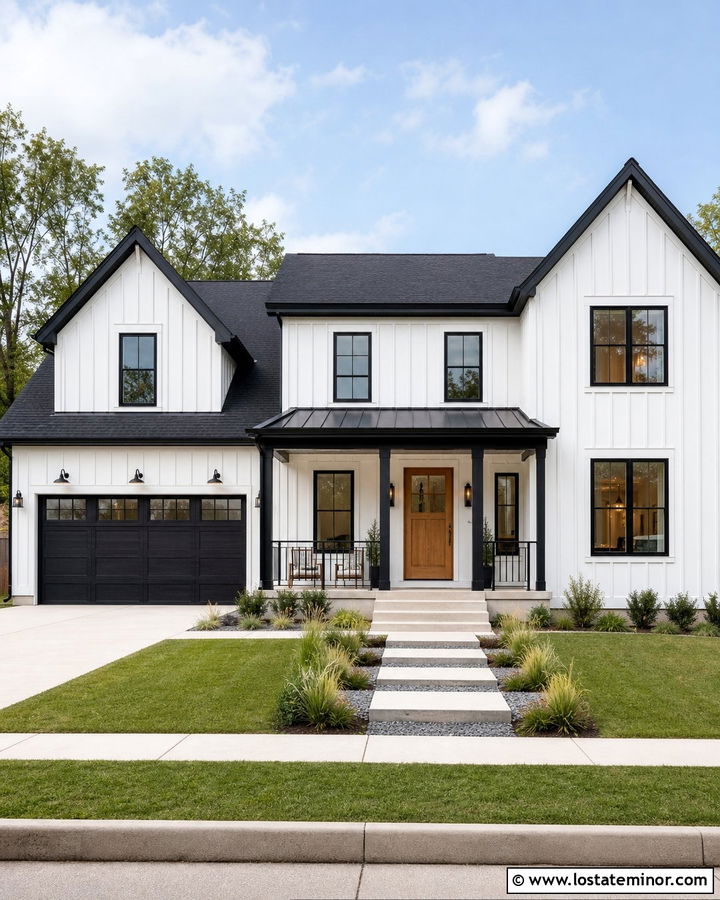 White Board and Batten House With Black Windows - 30 White House Design With Board and Batten Ideas