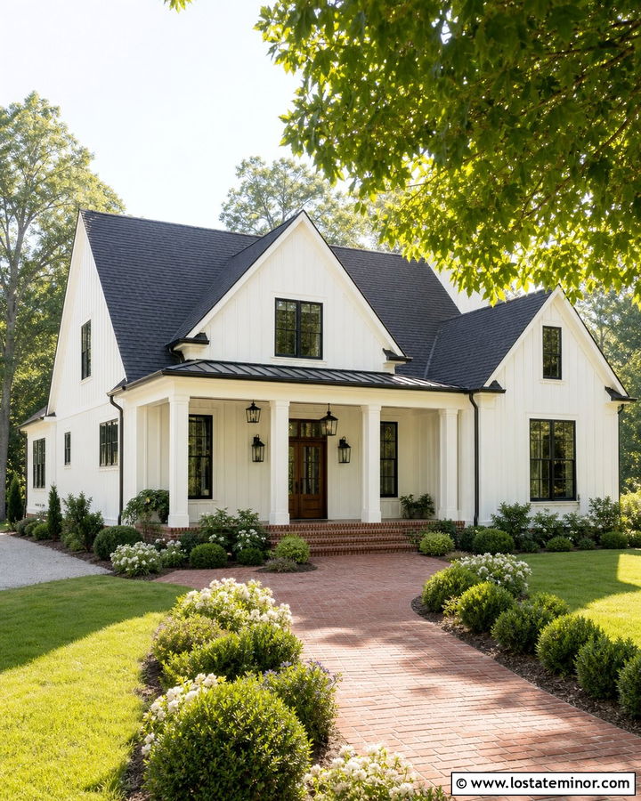 White Board and Batten House With Brick Porch - 30 White House Design With Board and Batten Ideas