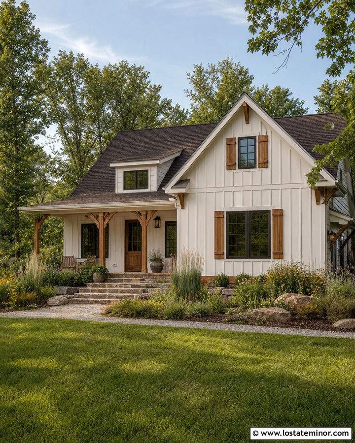 White Board and Batten House With Cedar Shutters - 30 White House Design With Board and Batten Ideas