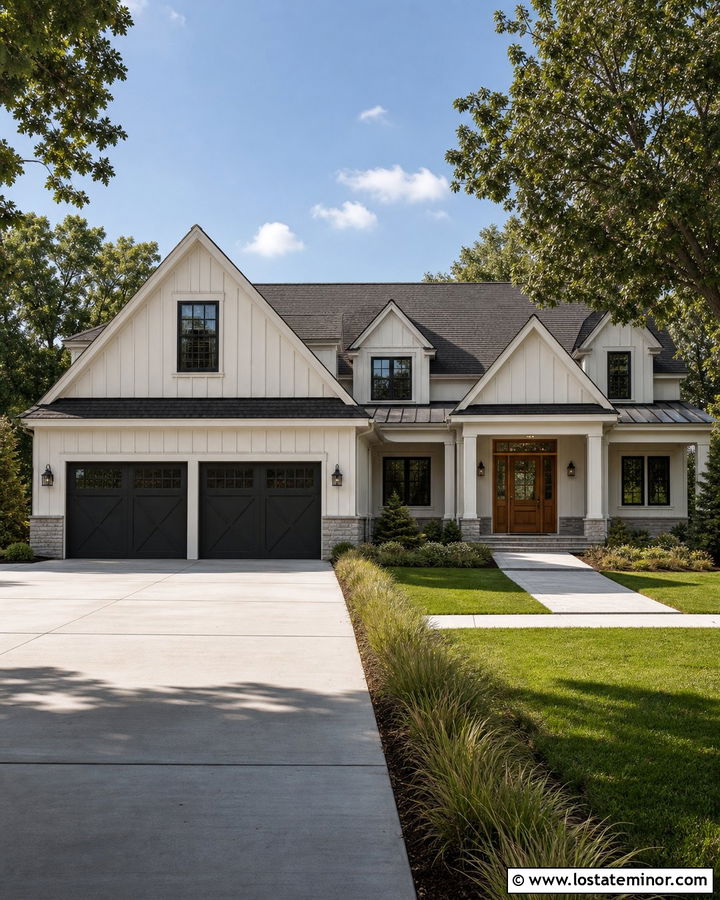 White Board and Batten House With Dark Garage Doors - 30 White House Design With Board and Batten Ideas