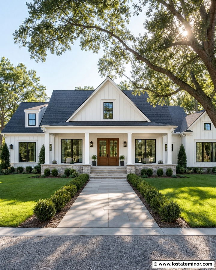 White Board and Batten House With Double Front Doors - 30 White House Design With Board and Batten Ideas