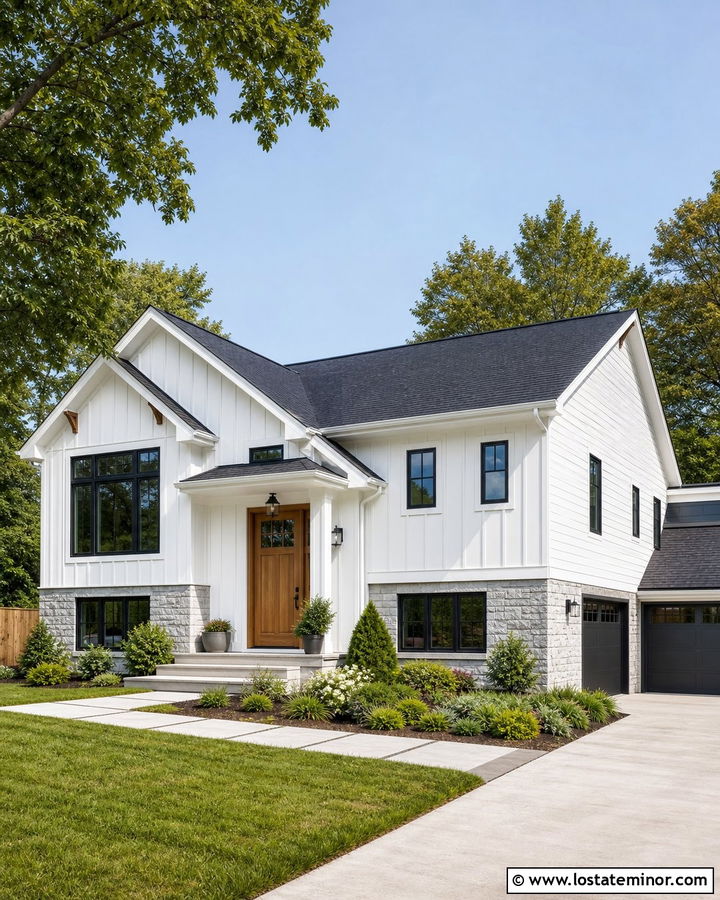 White Board and Batten House With Mixed Siding - 30 White House Design With Board and Batten Ideas