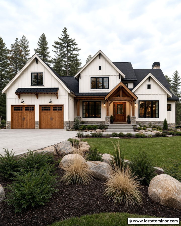 White Board and Batten House With Natural Wood Garage - 30 White House Design With Board and Batten Ideas