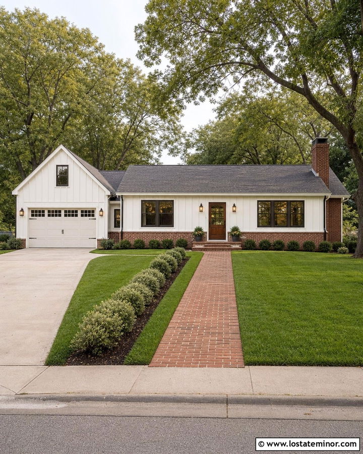 White Board and Batten House With Red Brick - 30 White House Design With Board and Batten Ideas