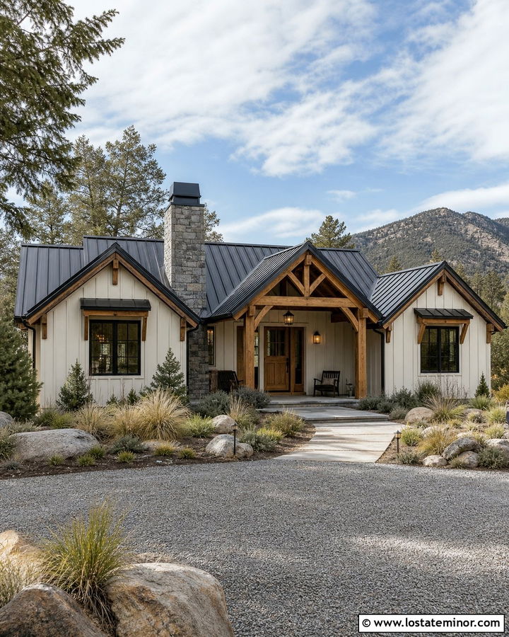 White Board and Batten House With Rustic Timber Porch - 30 White House Design With Board and Batten Ideas