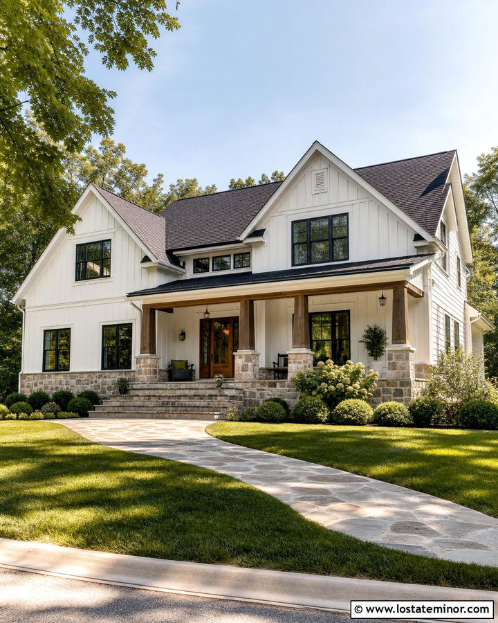 White Board and Batten House With Stone - 30 White House Design With Board and Batten Ideas