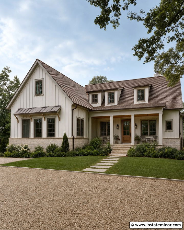 White Board and Batten House With Warm Neutral Accents - 30 White House Design With Board and Batten Ideas