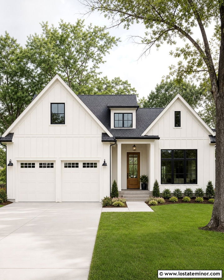 White Board and Batten House With White Garage Doors - 30 White House Design With Board and Batten Ideas