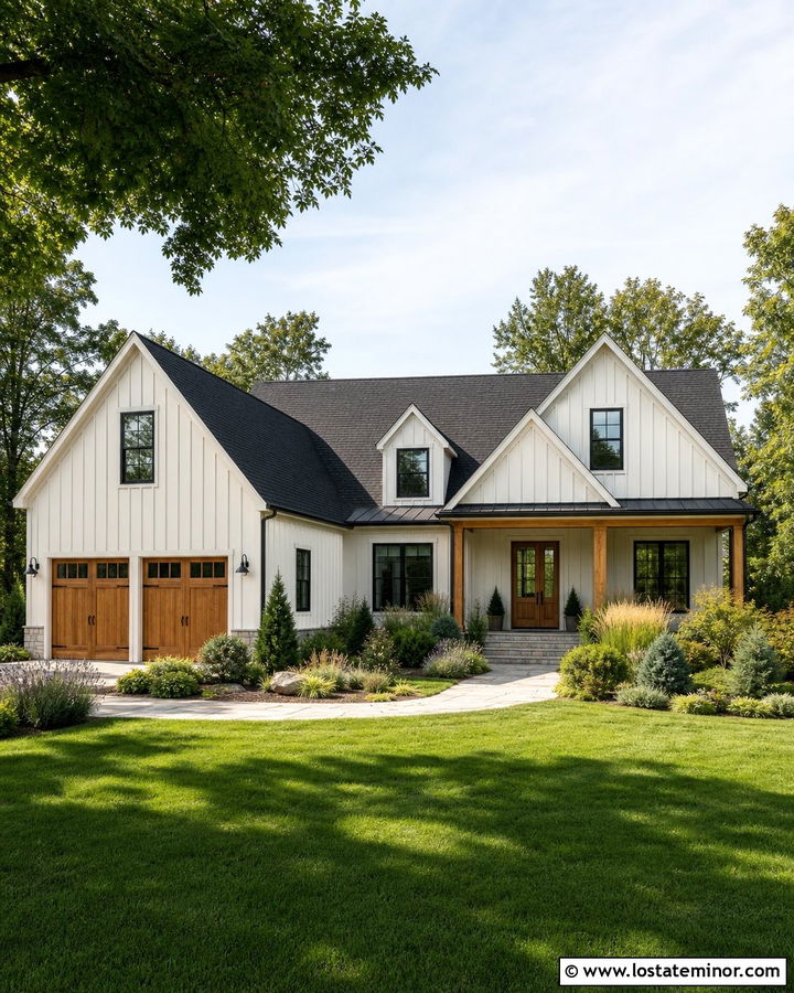 White Board and Batten House With Wood Accents - 30 White House Design With Board and Batten Ideas